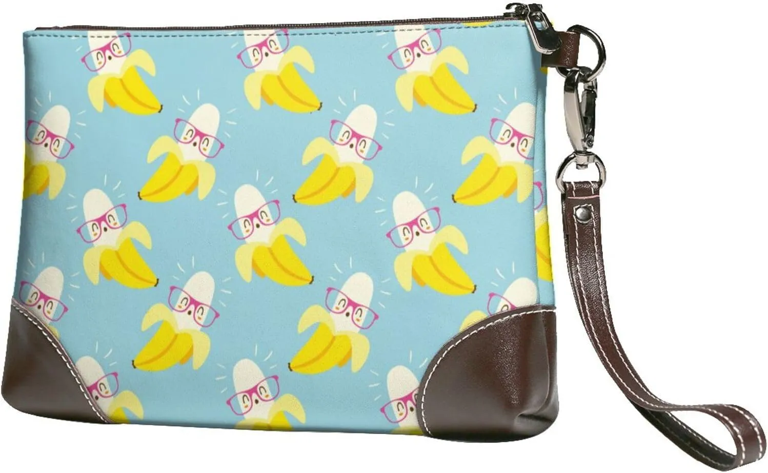 Small Clutch Purses for Women - Cute Banana Azure Leather Wristlet Wallets for Women with Wrist Strap