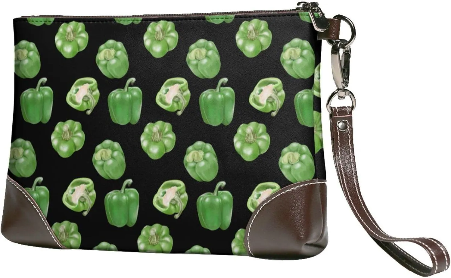 Small Clutch Purses for Women - Green Bell Pepper Print Leather Wristlet Wallets for Women with Wrist Strap