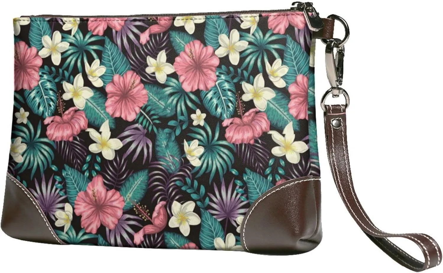 Small Clutch Purses for Women - Green Tropical Leaves Leather Wristlet Wallets for Women with Wrist Strap