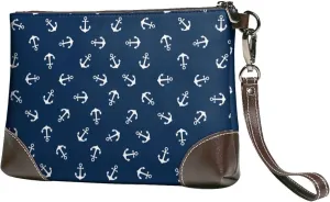 Small Clutch Purses for Women - Nautical Themed Anchors Leather Wristlet Wallets for Women with Wrist Strap