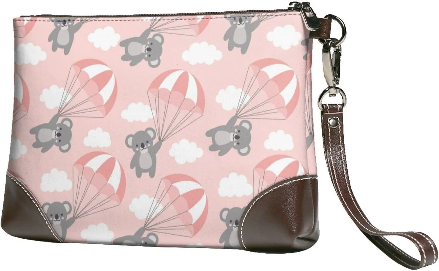 Small Clutch Purses for Women - Pink Parachute Gray Koala Leather Wristlet Wallets for Women with Wrist Strap