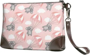 Small Clutch Purses for Women - Pink Parachute Gray Koala Leather Wristlet Wallets for Women with Wrist Strap