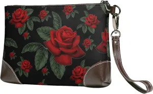 Small Clutch Purses for Women - Roses Leather Wristlet Wallets for Women with Wrist Strap
