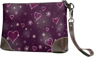 Small Clutch Purses for Women - Snowflakes and Hearts Leather Wristlet Wallets for Women with Wrist Strap