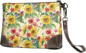Small Clutch Purses for Women - Sunflower Cornflower Poppy Leather Wristlet Wallets for Women with Wrist Strap