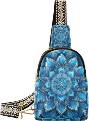 Small Sling Bag for Women Blue Mandala Pattern Fanny Pack Faux Leather Crossbody Bags Lightweight Chest Bag