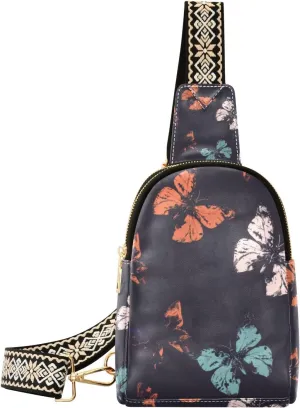 Small Sling Bag for Women Butterflies Pattern Black Fanny Pack Faux Leather Crossbody Bags Lightweight Chest Bag