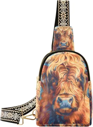 Small Sling Bag for Women Highland Cow Fanny Pack Faux Leather Crossbody Bags Lightweight Chest Bag