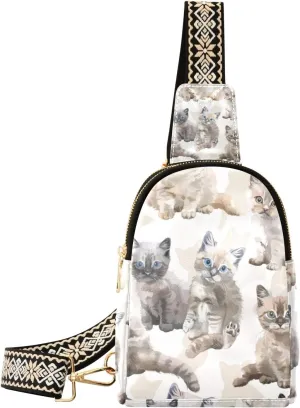 Small Sling Bag for Women Kittens Pattern Fanny Pack Faux Leather Crossbody Bags Lightweight Chest Bag