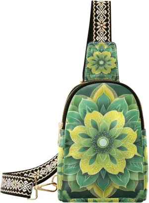 Small Sling Bag for Women Mandala Texture Green Fanny Pack Faux Leather Crossbody Bags Lightweight Chest Bag