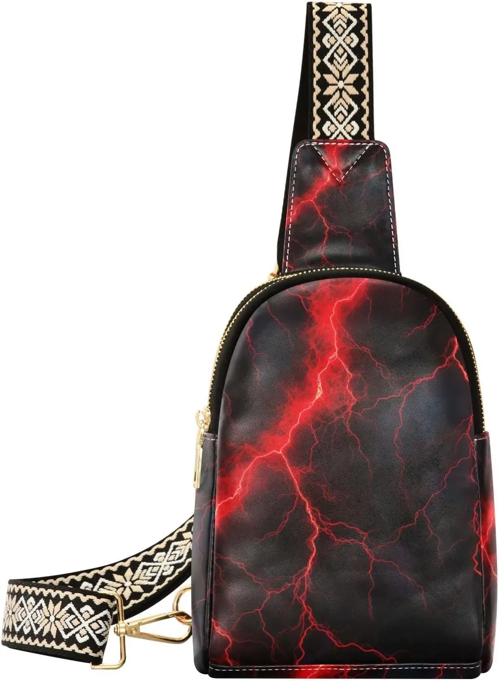 Small Sling Bag for Women Red Lightning on Black Fanny Pack Faux Leather Crossbody Bags Lightweight Chest Bag