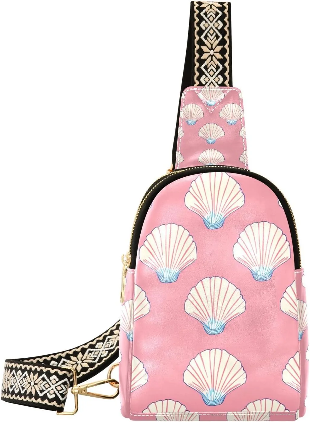 Small Sling Bag for Women Seashell Pattern Fanny Pack Faux Leather Crossbody Bags Lightweight Chest Bag