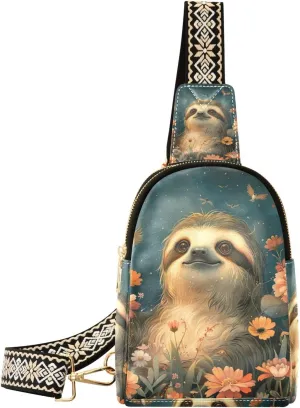 Small Sling Bag for Women Sloth Fanny Pack Faux Leather Crossbody Bags Lightweight Chest Bag