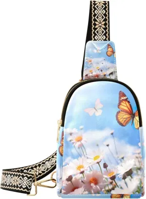 Small Sling Bag for Women Spring Butterfly Pattern Fanny Pack Faux Leather Crossbody Bags Lightweight Chest Bag