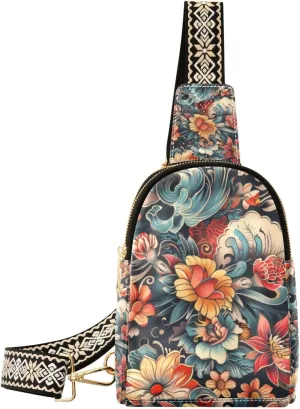 Small Sling Bag for Women Tattoo Pattern Fanny Pack Faux Leather Crossbody Bags Lightweight Chest Bag