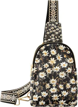 Small Sling Bag for Women White Daisies Fanny Pack Faux Leather Crossbody Bags Lightweight Chest Bag
