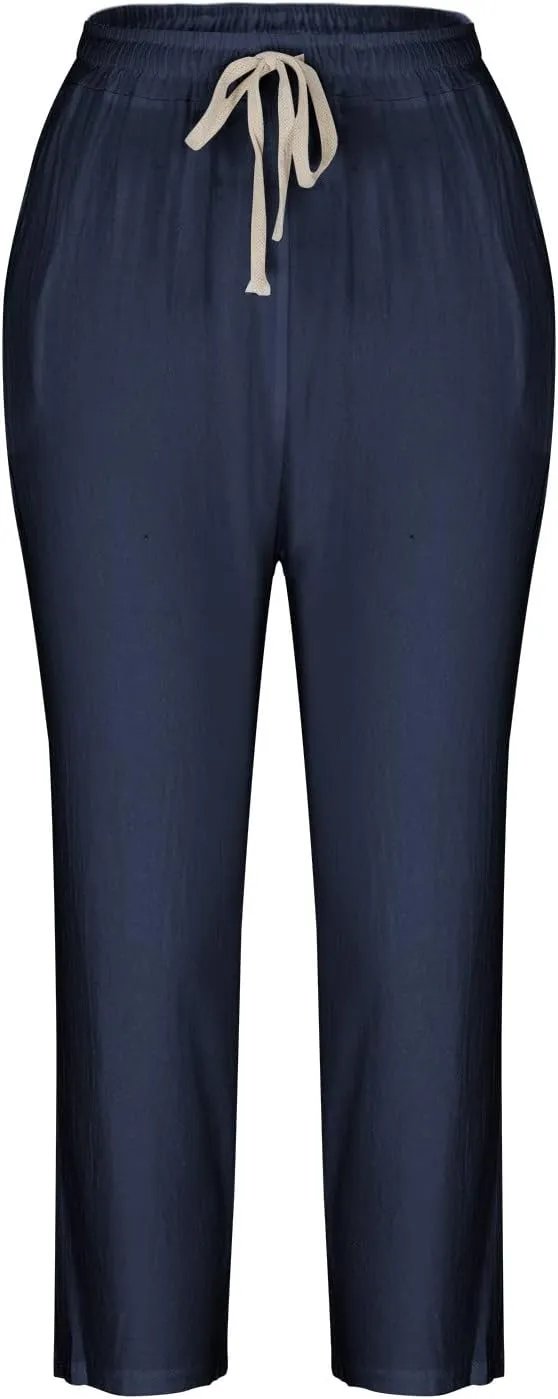SMIDOW Cotton Linen Cropped Pants for Women Casual Straight Leg Drawstring Elastic Waist Capris Loose Lounge Trousers