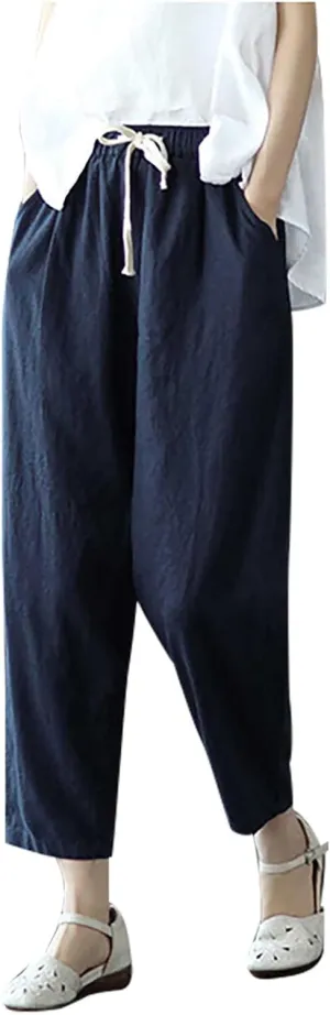 SMIDOW Cotton Linen Cropped Pants for Women Casual Straight Leg Drawstring Elastic Waist Capris Loose Lounge Trousers