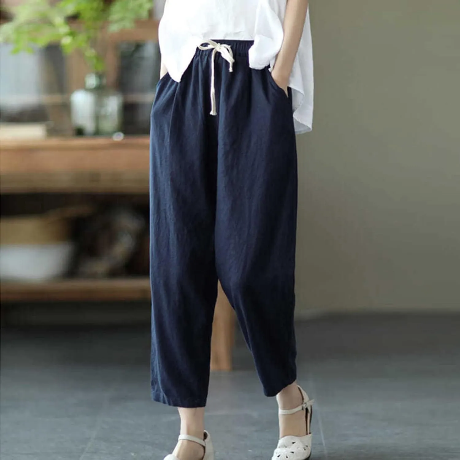SMIDOW Cotton Linen Cropped Pants for Women Casual Straight Leg Drawstring Elastic Waist Capris Loose Lounge Trousers
