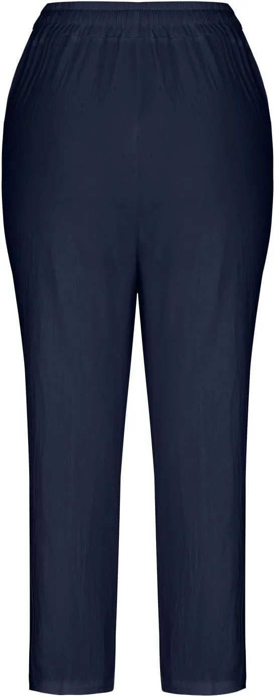 SMIDOW Cotton Linen Cropped Pants for Women Casual Straight Leg Drawstring Elastic Waist Capris Loose Lounge Trousers