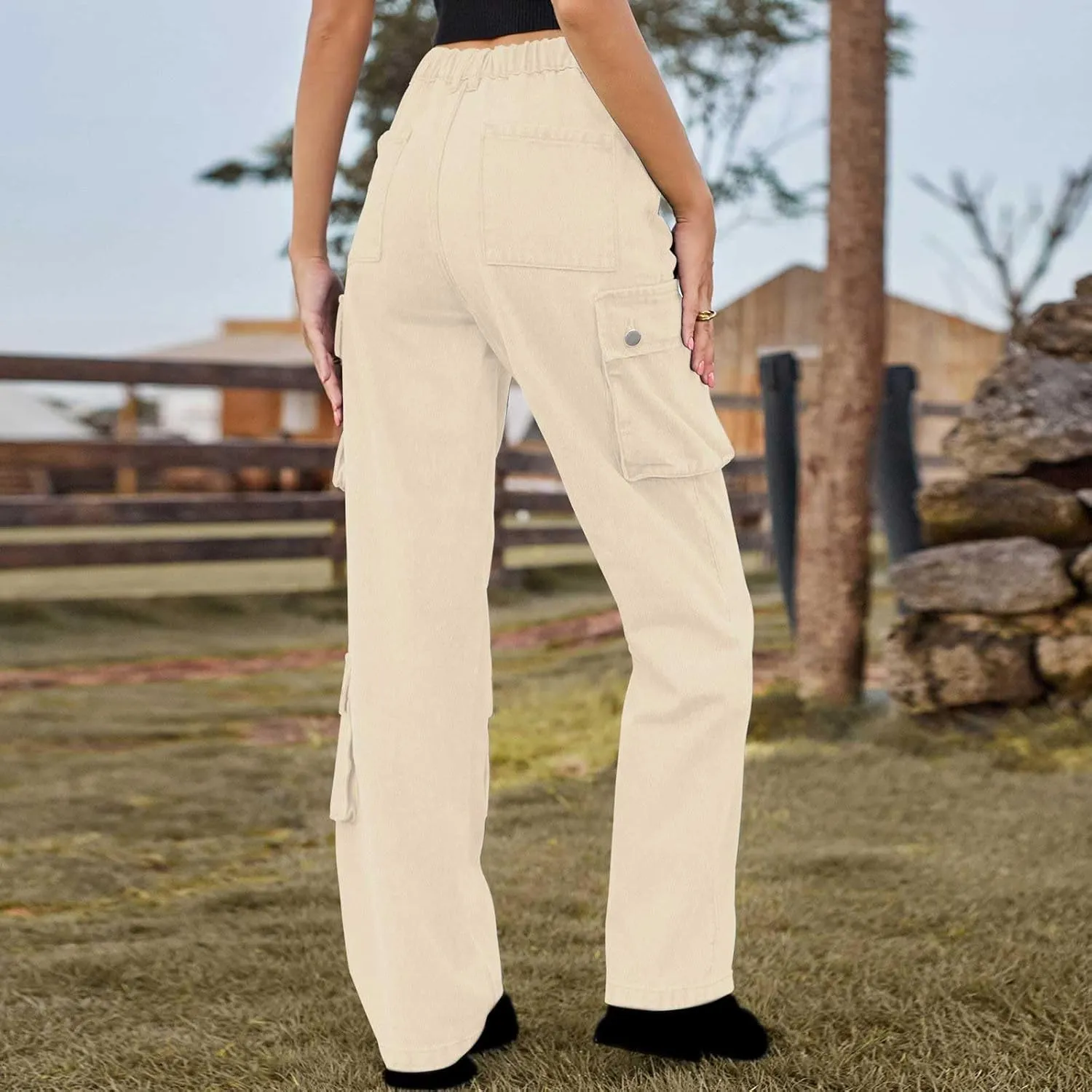 SMIDOW High Waist Denim Cargo Pants for Women Casual Baggy Straight Wide Leg Pants Trendy Y2K Streetwear Jeans