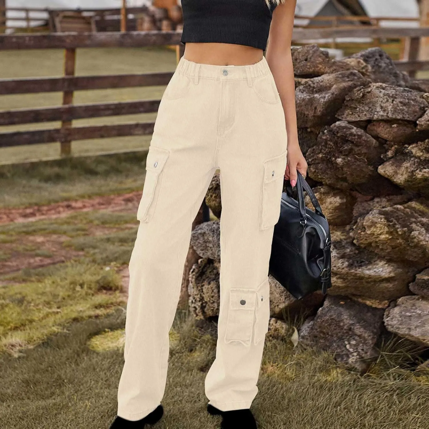 SMIDOW High Waist Denim Cargo Pants for Women Casual Baggy Straight Wide Leg Pants Trendy Y2K Streetwear Jeans