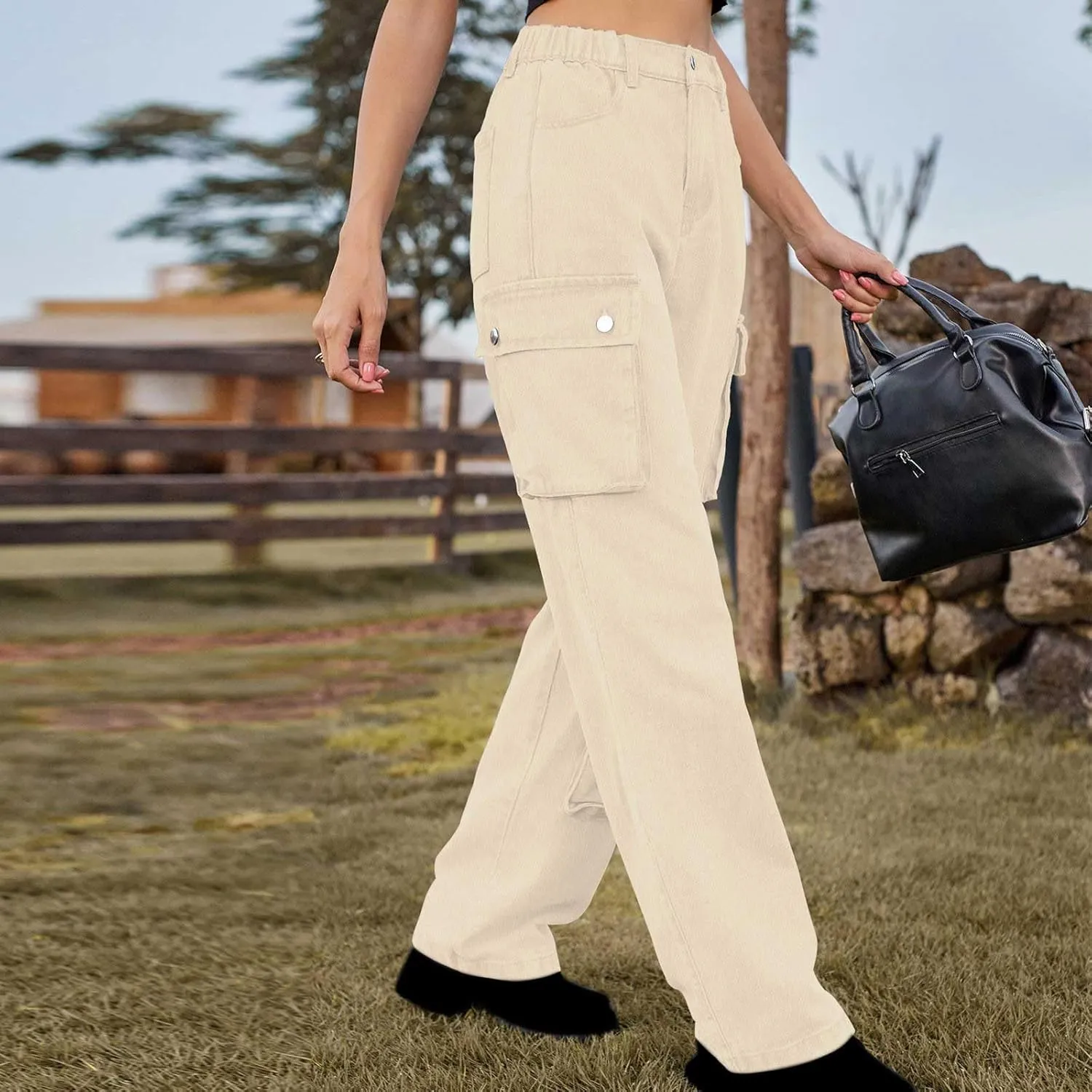 SMIDOW High Waist Denim Cargo Pants for Women Casual Baggy Straight Wide Leg Pants Trendy Y2K Streetwear Jeans
