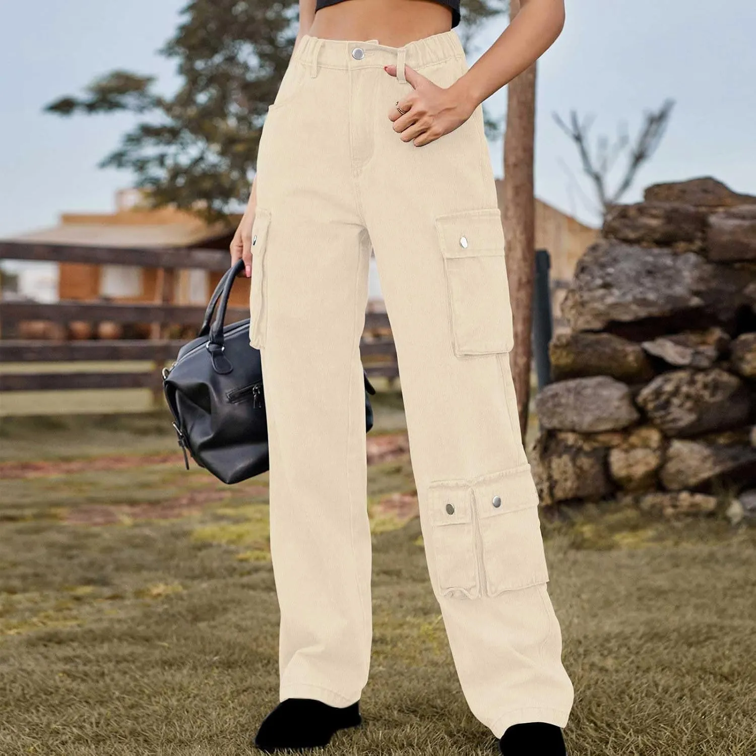SMIDOW High Waist Denim Cargo Pants for Women Casual Baggy Straight Wide Leg Pants Trendy Y2K Streetwear Jeans