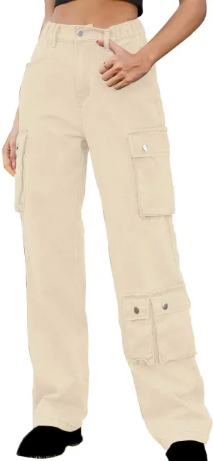 SMIDOW High Waist Denim Cargo Pants for Women Casual Baggy Straight Wide Leg Pants Trendy Y2K Streetwear Jeans