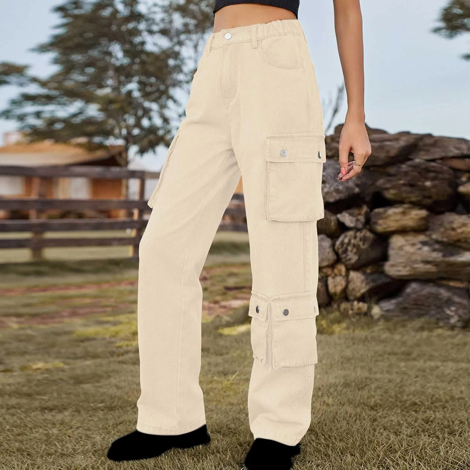 SMIDOW High Waist Denim Cargo Pants for Women Casual Baggy Straight Wide Leg Pants Trendy Y2K Streetwear Jeans