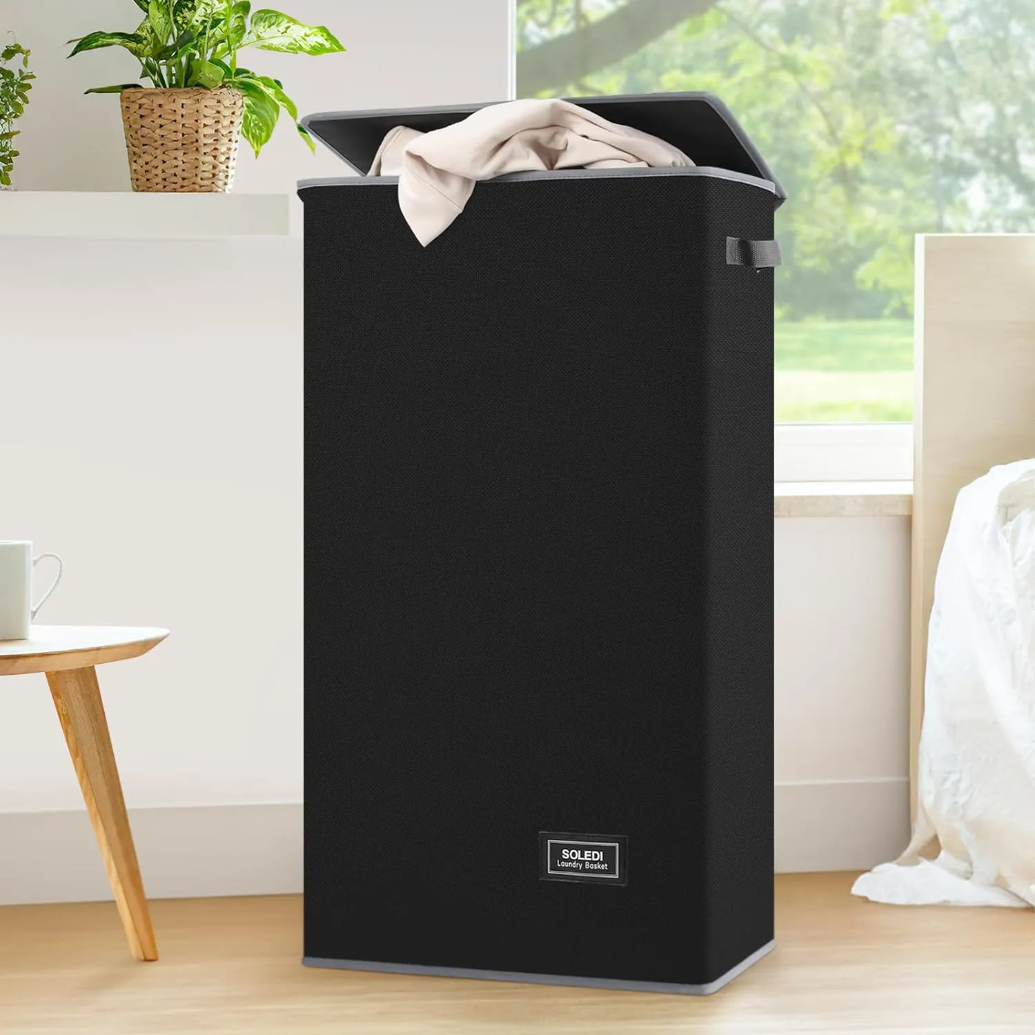 SOLEDI Laundry Hamper Black with Lid and Removable Bag - 100L Large and Tall Laundry Basket Collapsible with Handle for Clothing and Toys Storage - Dirty Clothes Hamper for Bedroom, bathroom, dorm