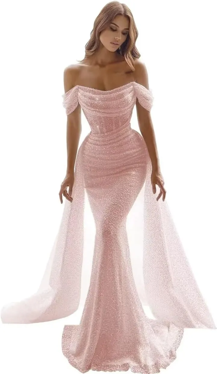 Sparkly Mermaid Prom Dresses for Women Sequin Off The Shoulder Detachable Train Evening Dresses Long Ball Gown