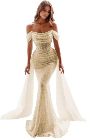 Sparkly Mermaid Prom Dresses for Women Sequin Off The Shoulder Detachable Train Evening Dresses Long Ball Gown