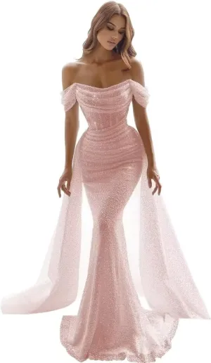 Sparkly Mermaid Prom Dresses for Women Sequin Off The Shoulder Detachable Train Evening Dresses Long Ball Gown