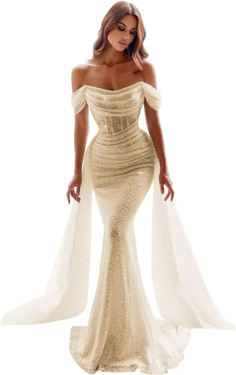 Sparkly Mermaid Prom Dresses for Women Sequin Off The Shoulder Detachable Train Evening Dresses Long Ball Gown