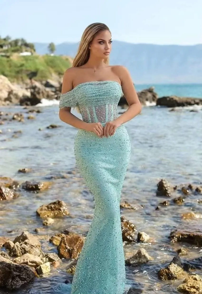 Sparkly Mermaid Prom Dresses for Women Sequin Off The Shoulder Detachable Train Evening Dresses Long Ball Gown