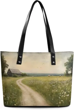 Spring Meadow Dirt Path Flowers Landscape Women Soft Leather Handbags Tote Purses Shoulder Bucket Bags