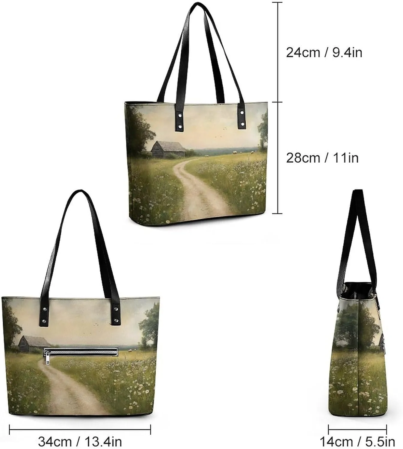 Spring Meadow Dirt Path Flowers Landscape Women Soft Leather Handbags Tote Purses Shoulder Bucket Bags