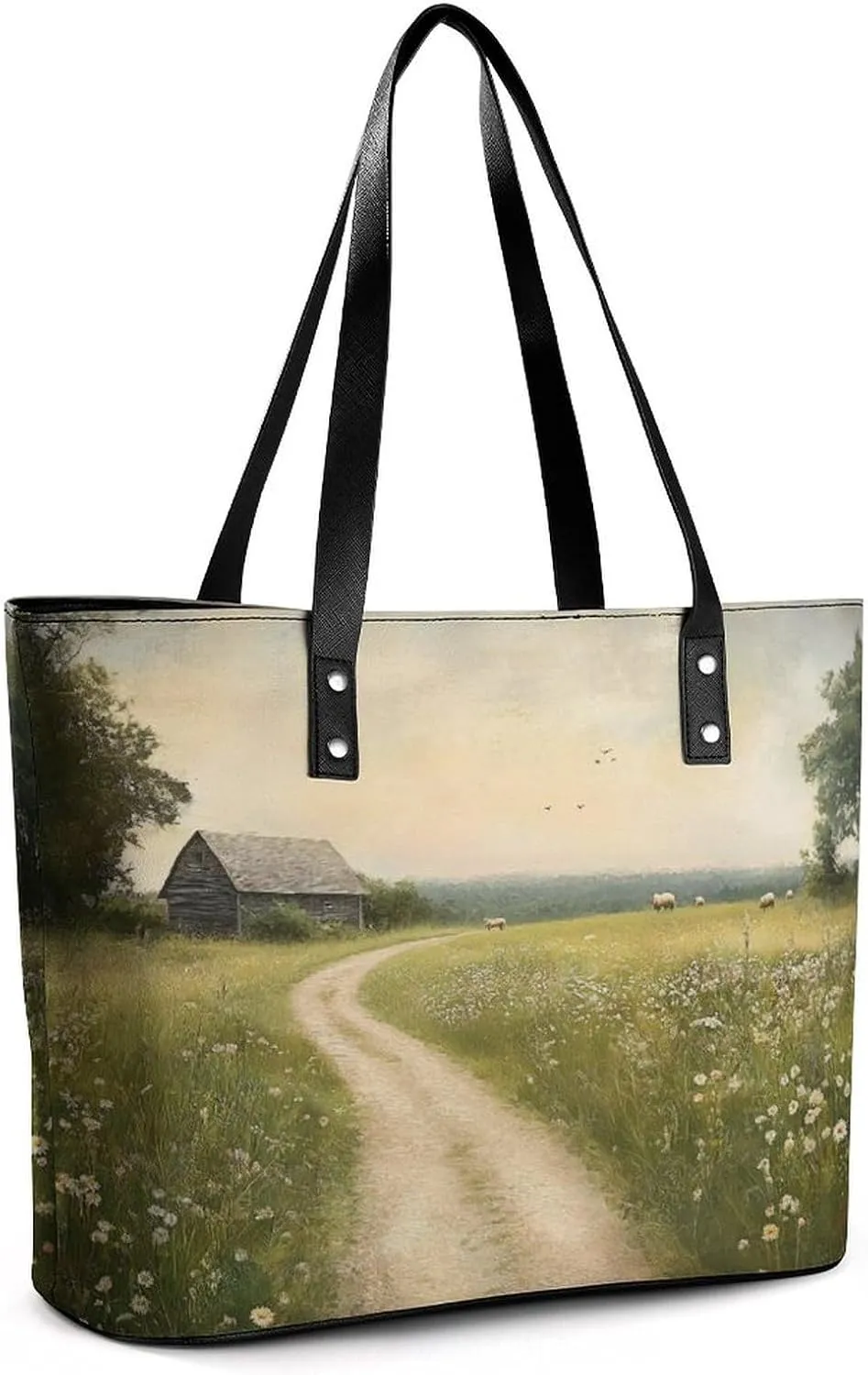 Spring Meadow Dirt Path Flowers Landscape Women Soft Leather Handbags Tote Purses Shoulder Bucket Bags