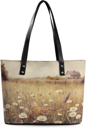 Spring Meadow Dirt Path Flowers Landscape Women Soft Leather Handbags Tote Purses Shoulder Bucket Bags