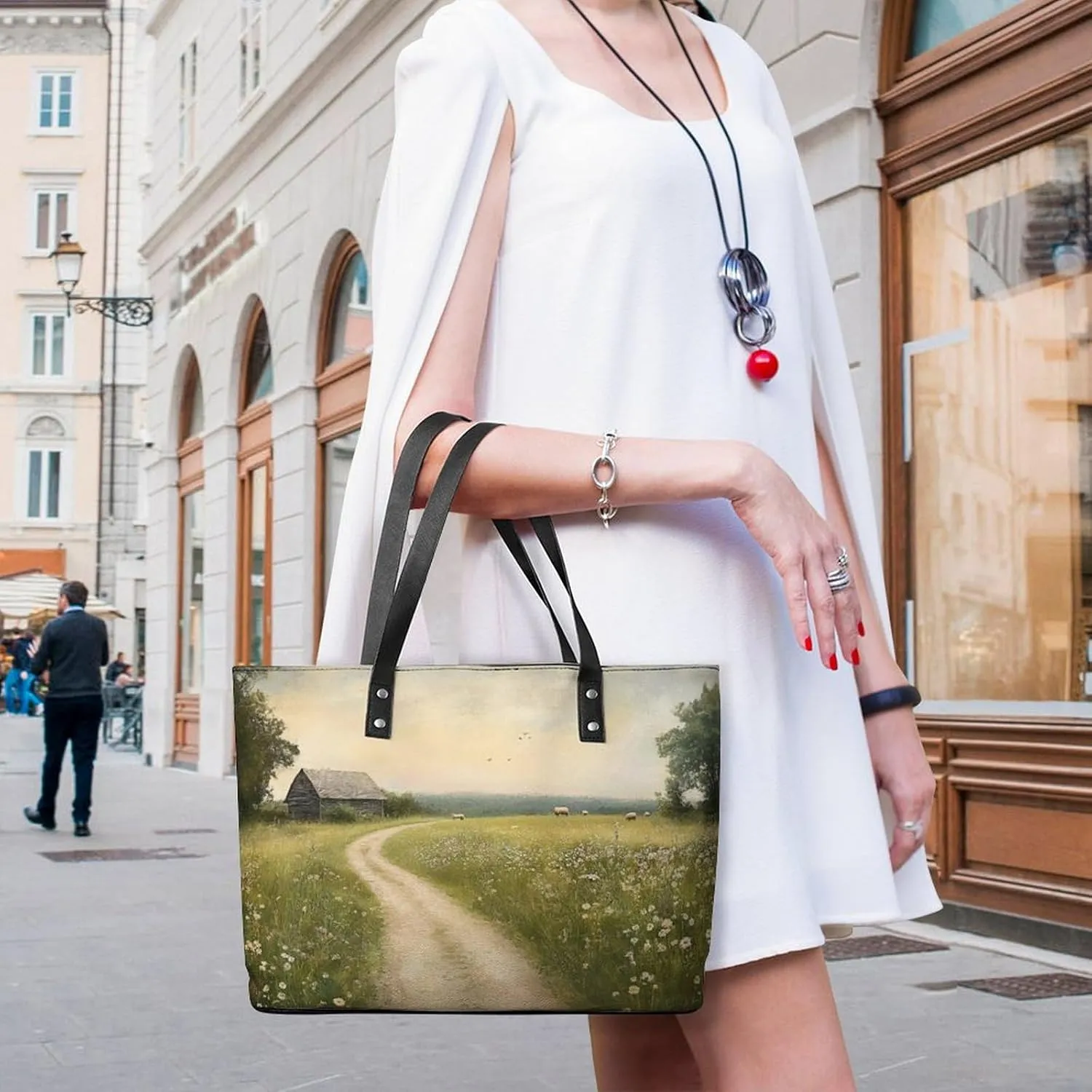 Spring Meadow Dirt Path Flowers Landscape Women Soft Leather Handbags Tote Purses Shoulder Bucket Bags