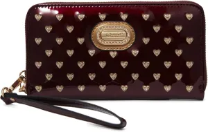 Starz Art Retro Vegan Leather Designer Women's Wallet with Rhinestone Accents, Heart Design Patent Leather Wristlet (Burgundy)