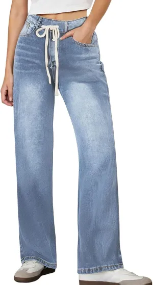 Straight Leg Jeans for Women High Waisted Stretchy Loose Adjustable Tie Denim Pants Trendy Casual Baggy Jean Trousers
