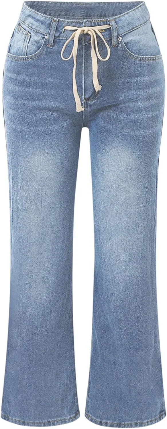 Straight Leg Jeans for Women High Waisted Stretchy Loose Adjustable Tie Denim Pants Trendy Casual Baggy Jean Trousers