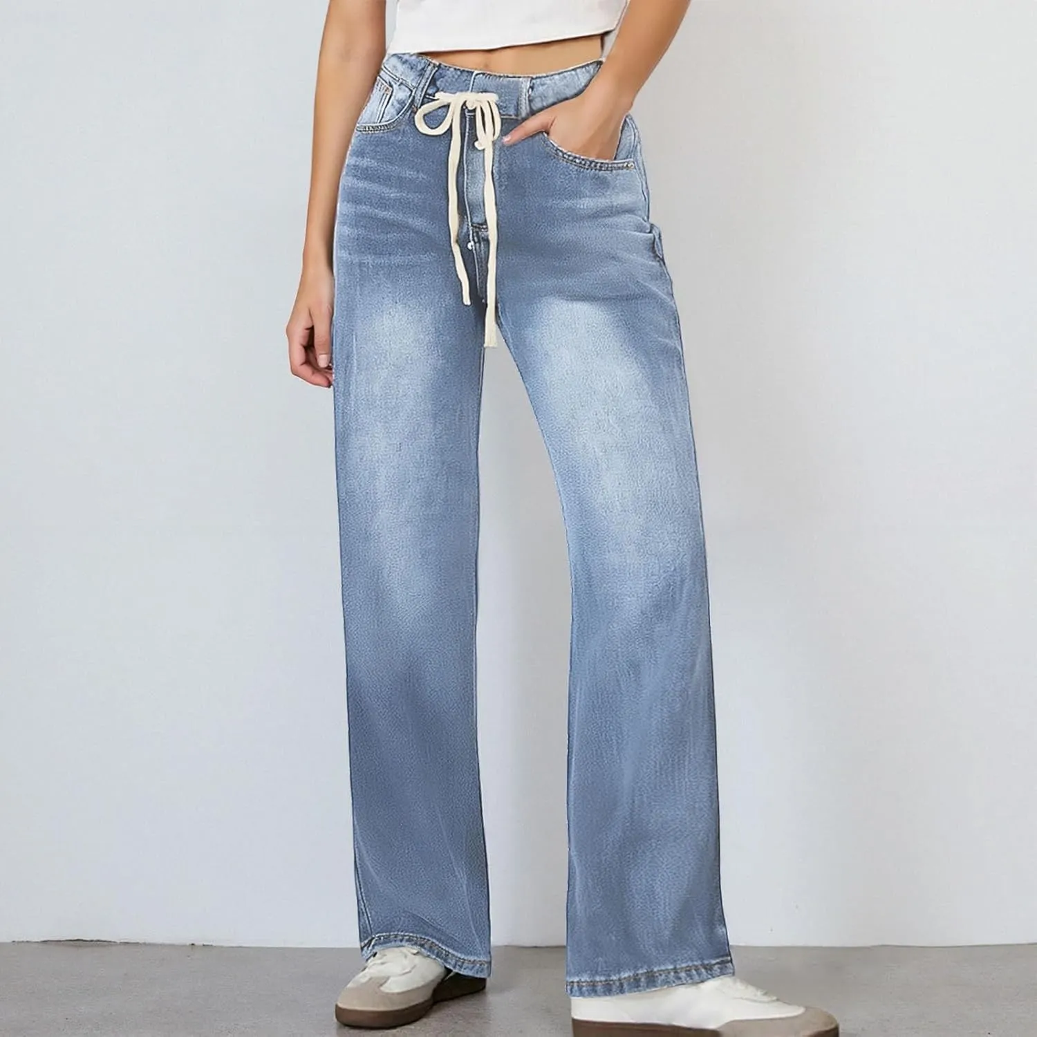 Straight Leg Jeans for Women High Waisted Stretchy Loose Adjustable Tie Denim Pants Trendy Casual Baggy Jean Trousers