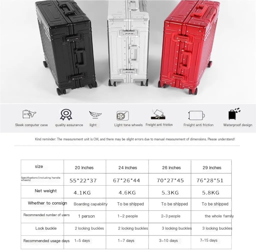 Suitcase All-aluminum Magnesium Alloy Metal Case Trolley Case Hard Case Men's And Women's Luggage Check-in Case Luggage(Black,26in)