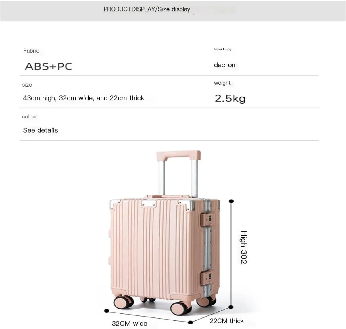 Suitcase New 18-inch Aluminum Frame Hard Shell Men's And Women's Boarding Suitcase Fashionable Leisure Trolley Case Luggage(Noir)