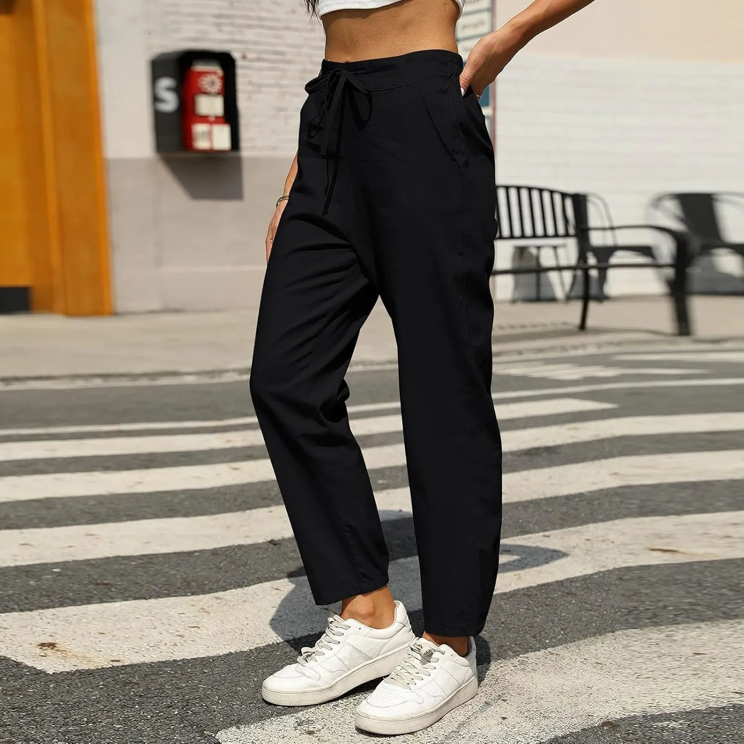 Summer Linen Pants for Women Drawstring Elastic High Waisted Casual Pants Loose Fit Beach Lounge Trousers with Pocket