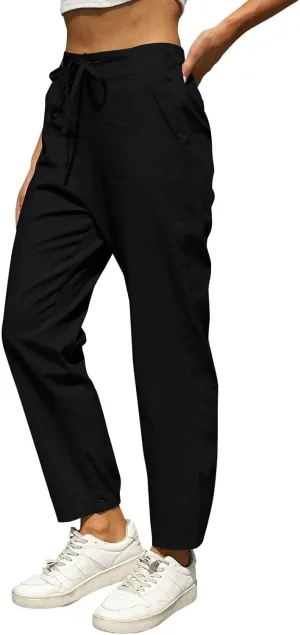 Summer Linen Pants for Women Drawstring Elastic High Waisted Casual Pants Loose Fit Beach Lounge Trousers with Pocket