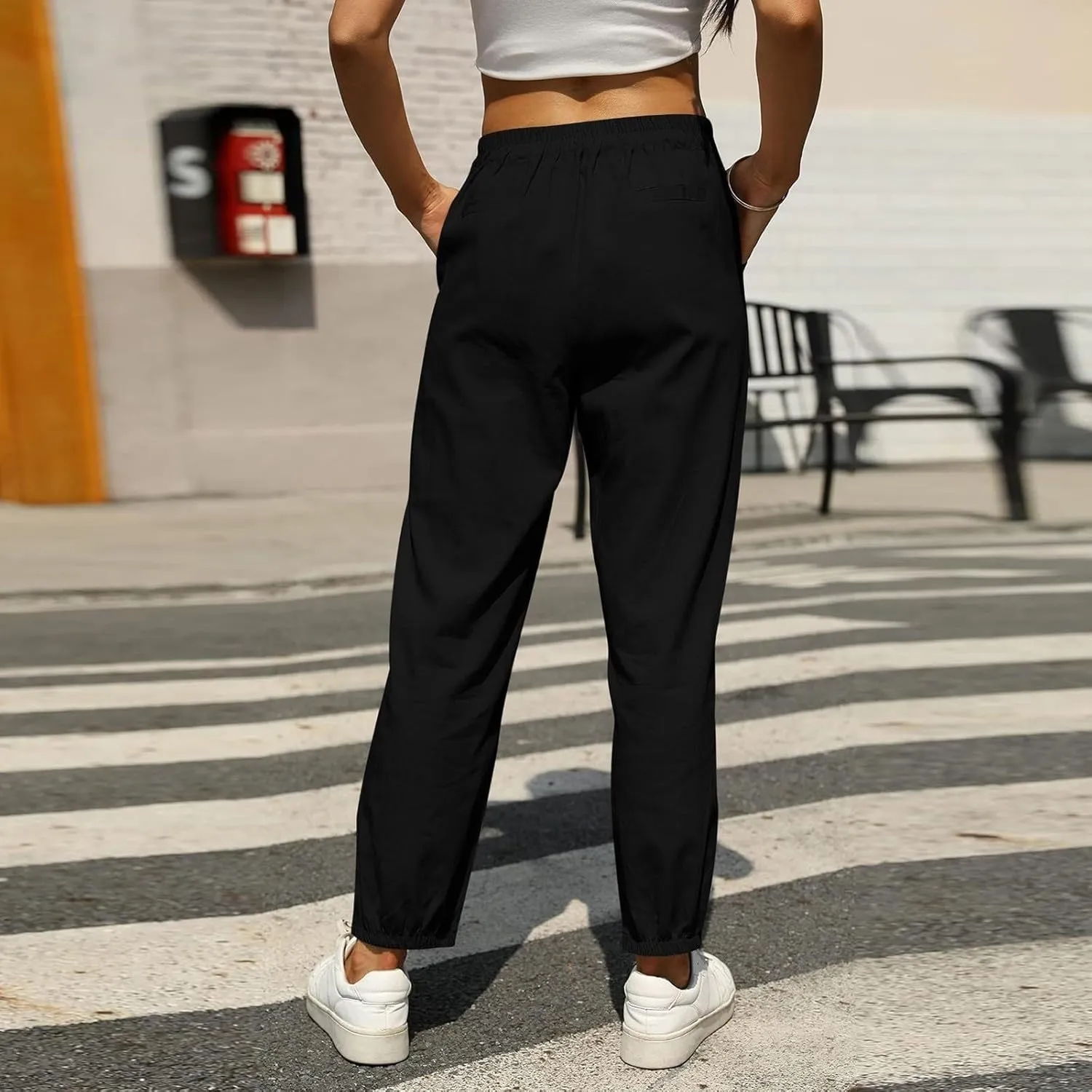 Summer Linen Pants for Women Drawstring Elastic High Waisted Casual Pants Loose Fit Beach Lounge Trousers with Pocket